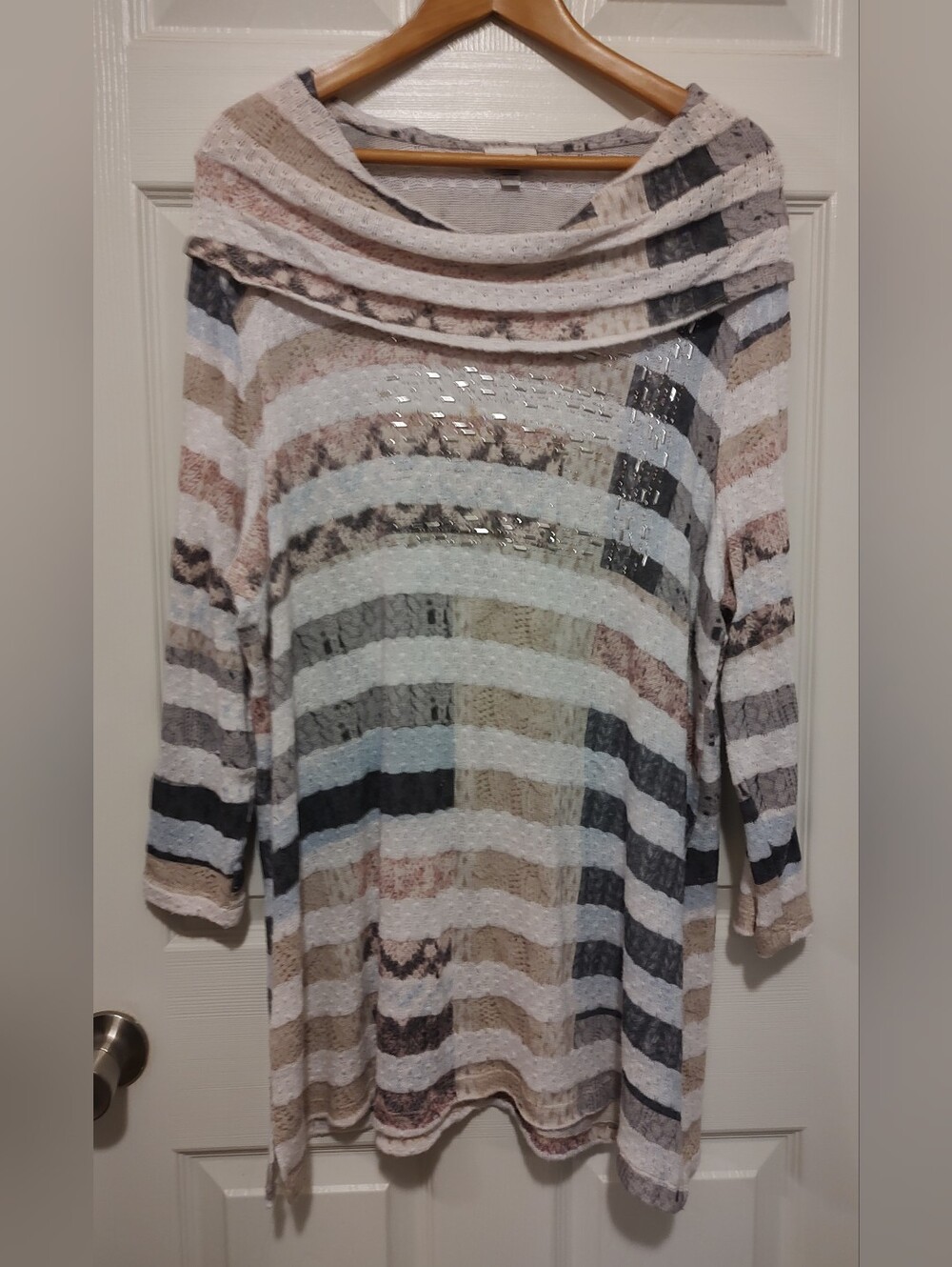 Avenue Striped Cowlneck Sweater Tunic in Beige, Gray & Black